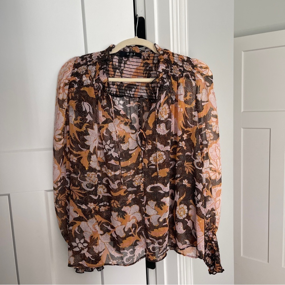 o.p.t Metallic Floral Smock long Balloon Sleeve Peasant‎ Top